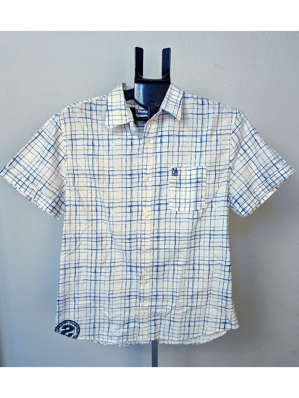 Resortwear Vibes Desigual Blue White Grid Check Short Sleeve Shirt L